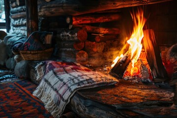 close-up of a cozy fireplace in a hut