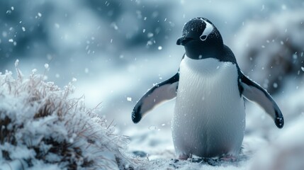   A penguin facing out of the snow with its head elevated