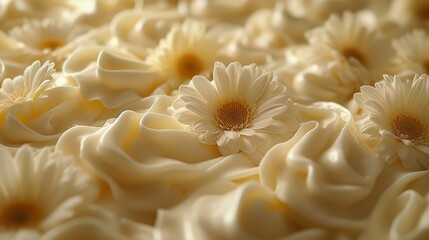   A bed of white frosted flowers topped with a cluster of white flowers Underneath, more white frosted flowers, and a layer of cream-colored frosted flowers