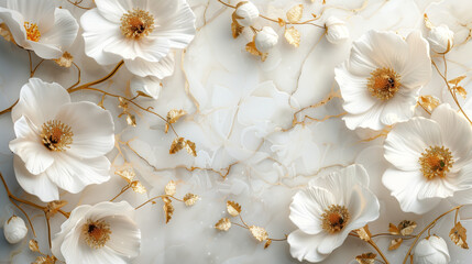 Intricate golden flowers patterned on pristine white marble, capturing elegance. Generative AI