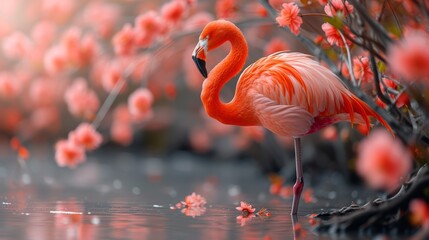   A pink flamingo stands by a body of water, near a tree adorned with pink-blooming branches