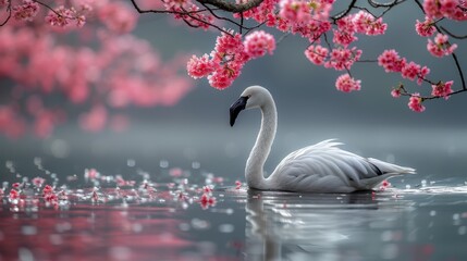   A white swan floats atop a tranquil body of water, beside a tree adorned with pink blossoms