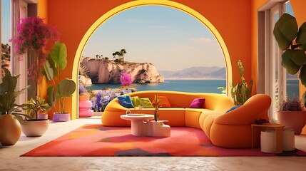 an aesthetically pleasing AI representation of a living room that seamlessly integrates with an island view, highlighting a palette of vivid colors