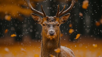   A tight shot of a deer adorned with antlers, amidst snowfall