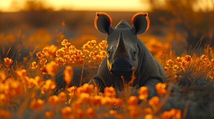   A tight shot of a rhino resting in a flower-filled meadow, its head angled towards the side - obrazy, fototapety, plakaty