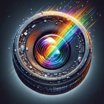 High-Tech 3D Camera Lens with Colorful Light Burst for App Icon