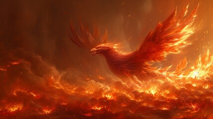 Obraz premium A bird painting in flight against a backdrop of fire and smoke, wings splayed expansively