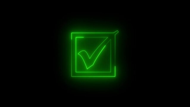 Neon glowing green color checkbox icon animation black background