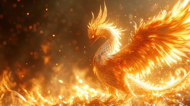   A tight shot of a vibrant yellow and red firebird against a dark backdrop Sparks of flame punctuate the foreground