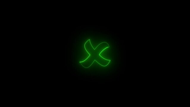 Neon glowing green color X mark arrow icon animation black background