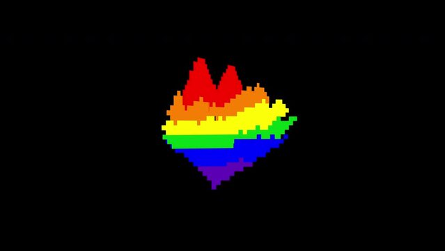 Retro pixel heart shape in old game style with Pride Month text, pixelated stile freedom, love, peace, and equality design Pride Month. Lesbian, gay, bisexual, transgender, and queer, LGBT animation	