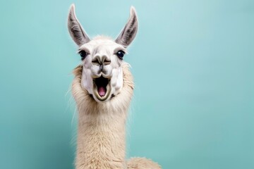 funny surprised llama raising hand on isolated color background - obrazy, fototapety, plakaty