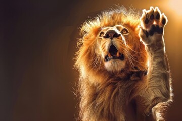 funny surprised lion raising hand - obrazy, fototapety, plakaty