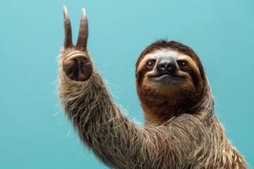 funny surprised sloth raising hand on isolated color background