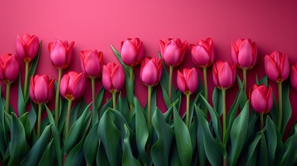 Obraz premium A row of pink tulips with green leaves against a pink backdrop Alternatively, a pink background with pink tulips and red accents from their leaves