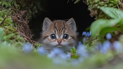 Obraz premium A small kitten with blue eyes peeks from a hole among moss and blue flowers, surrounded by green foliage