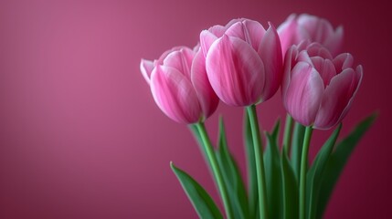 Fototapeta premium A vase filled with pink tulips against a pink backdrop