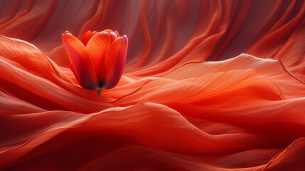 Obraz premium A red tulip atop a bed; draped in a scarlet coverlet, a red blanket lies hidden beneath