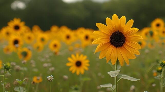   A field teeming with sunflowers, their petals a vibrant yellow, encircled by an abundance of green leaves atop and below