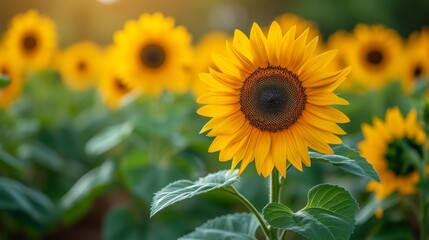 Fototapeta premium A sunflower amidst a sunlit field, sun beaming through its core bloom