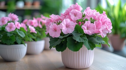  A collection of pink blooms sits atop a wooden table, adjacent to potted plants on the same table