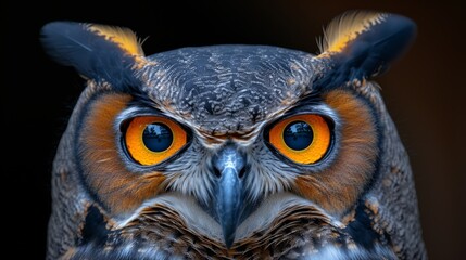   A tight shot of an owl's expressionistic face, its vibrant orange and yellow eyes gleaming at the heart of its head