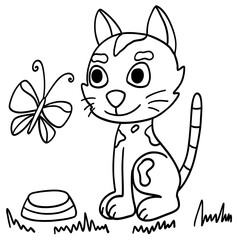 Coloring book page for children with little cat and milk