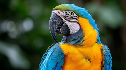 Obraz premium A tight shot of a blue-and-yellow parrot against a backdrop of a green tree behind its head