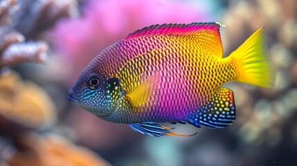 Obraz premium A tight shot of a vibrant fish in an aquarium, surrounded by corals in the foreground