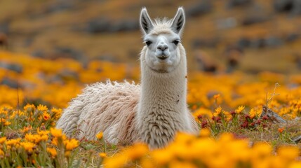   A tight shot of a llama in a flower-filled meadow, with a distant hill as the backdrop