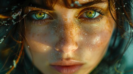 A portrait of a woman with a profound and intense expression, her inner world complex Captured in 16k, realistic, full ultra HD, high resolution, and cinematic photography