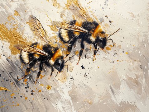 Wildlife in art, bees painted with ink wash, nestled in white and gold splashes, traditional elegance , high resolution DSLR, 8K, high detailed, super detailed , ultra HD, 8K resolution , up32K HD