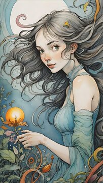Ethereal Woman Amidst Moonlit Magical Garden: A Fantasy Art Piece Capturing Intricate Details