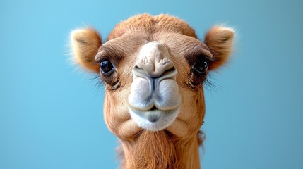 Obraz premium A tight shot of a camel's face against a backdrop of a clear blue sky