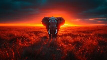   An elephant stands in a field as the sun sets, casting long shadows behind it, with clouds painting the sky above