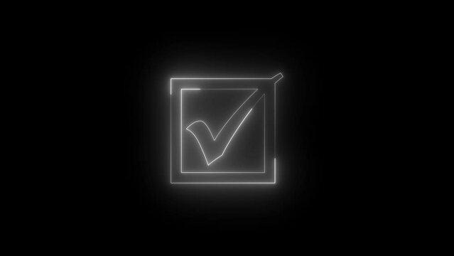 Neon glowing white color checkbox icon animation black background