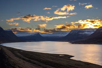 Photo sur Plexiglas Atlantic Ocean Road Sunset at the fjord, Westfjords, Iceland