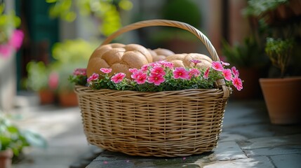   A basket full of buns and flowers on a stone floor, near potted plants
