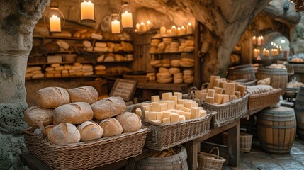   A store showcases an array of various breads and pastries against a backdrop of a sturdy stone wall