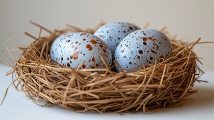   Three speckled eggs in a nest, straw beneath