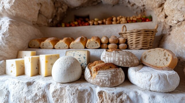   A selection of cheeses and breads is arranged on the table next to a basket of breads