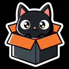 Cute cat in a box. Colorful kitten in gift box. Cat sticker on black background. Surprise in cardboard box. Cartoon sticker pet emoji. Cartoon logo icon badge, design Vector illustration.
