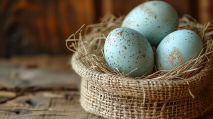   A basket full of blue eggs on a wooden table Nearby, a wooden wall and floor