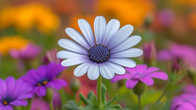   A tight shot of a blooming flower among a sea of purple and white blossoms Background softly renders yellow, pink, and purple flowers