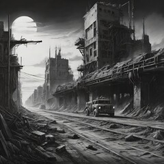 Obraz premium Eerie Apocalypse: Desolate Streets Amidst Haunting Ruins of a Once Bustling City