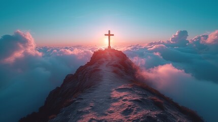   A cross atop a mountain, shrouded in clouds, backlit by a radiant source