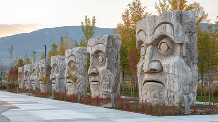   A row of carved faces sits atop a cement slab, facing a mountain