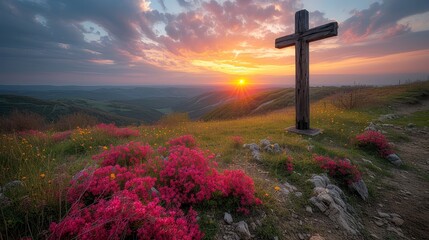  A hilltop cross with pink flowers in the foreground and sunset in the background - obrazy, fototapety, plakaty