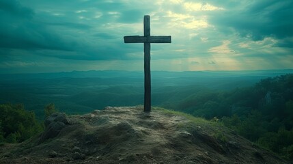   A cross atop a hill overlooking the valley and distant hills
