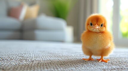   A tight shot of a small toy chicken on a carpet, with a couch visible in the background, and another one bringing the scene closer to the foreground - obrazy, fototapety, plakaty